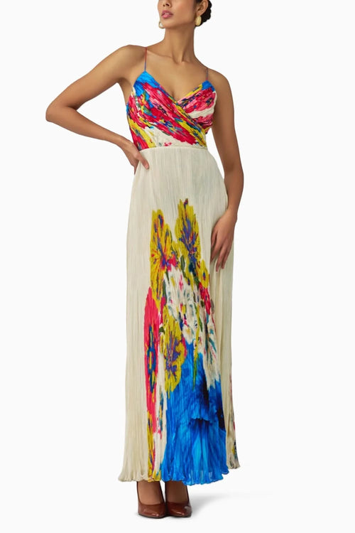 Chrissy Floral Pleat Maxi Dress with Noodle Straps