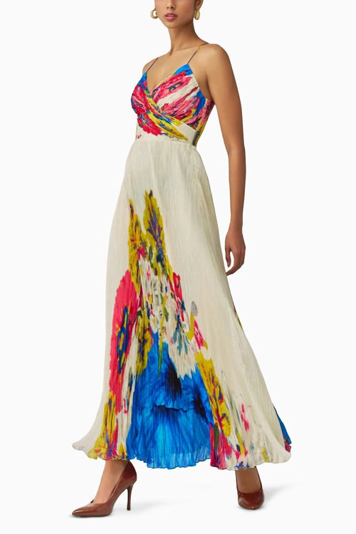 Chrissy Floral Pleat Maxi Dress with Noodle Straps