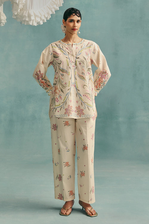 Ecru Hibiscus Round Neck Co-ord Set