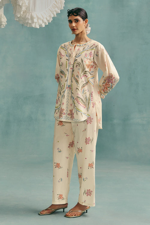 Ecru Hibiscus Round Neck Co-ord Set