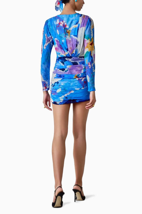 Lily Ikat Print Pleated Mini Dress with V-Neck