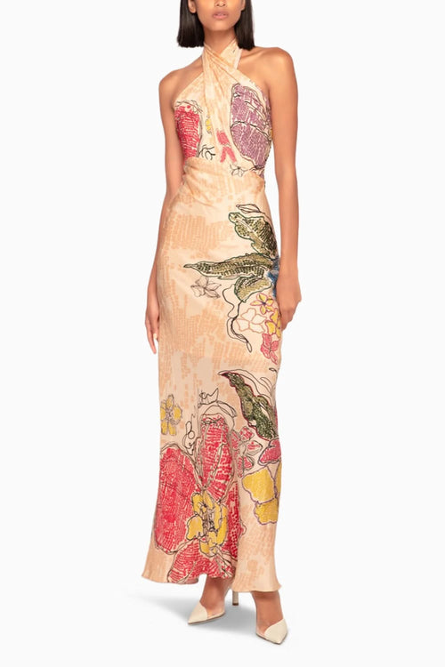 Periwinkle Bandhani Print Halter Style Maxi Dress