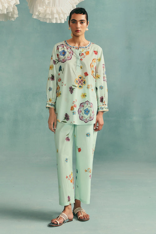 Blue Daisy Round Neck Co-ord Set
