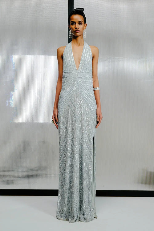 Sky Blue Sequin Slinky Halter Gown