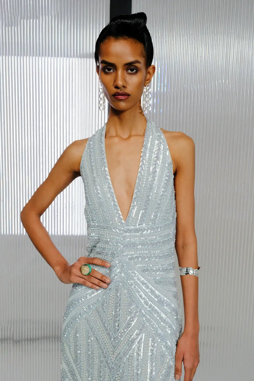 Sky Blue Sequin Slinky Halter Gown