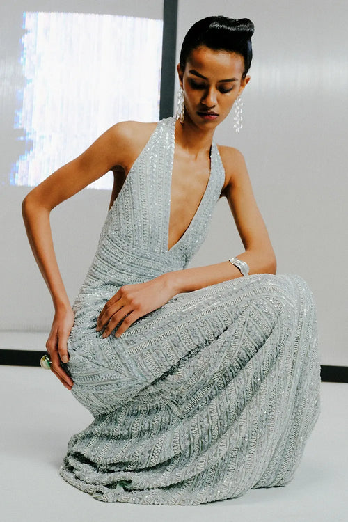 Sky Blue Sequin Slinky Halter Gown