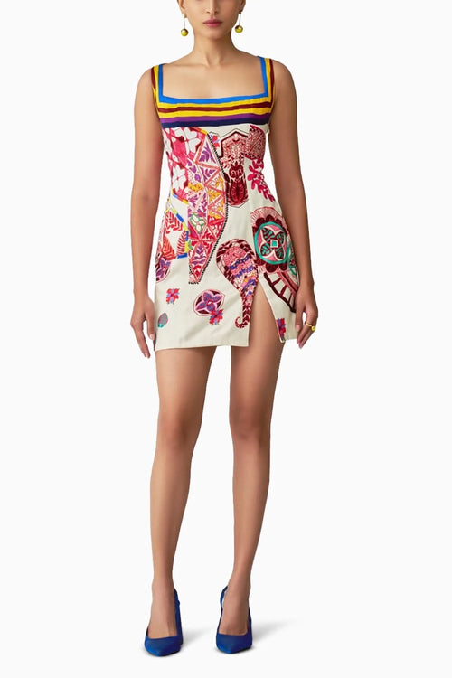 Megan Paisley Print Square Neck Short Dress with Side Slit