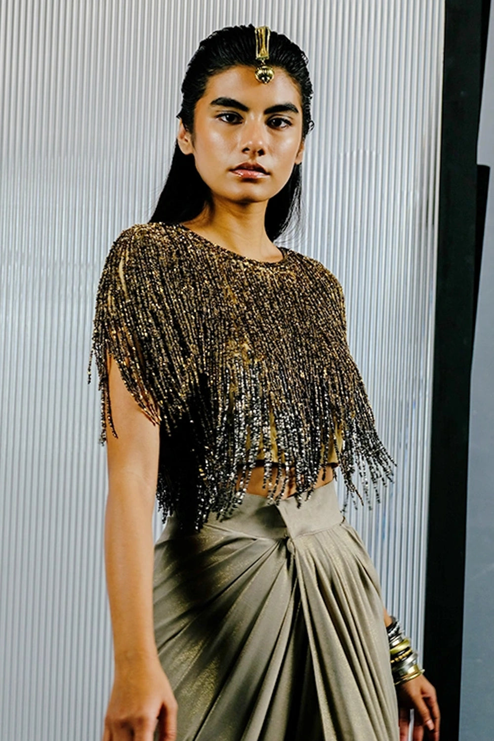 Gold & Grey Stretch Net Embellished Top