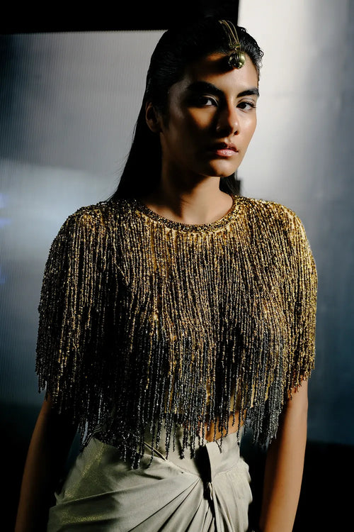 Gold & Grey Stretch Net Embellished Top