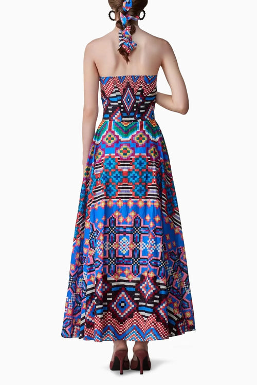 Frenchy Ikat Print Strapless Flared Dress with Pleated Bustier
