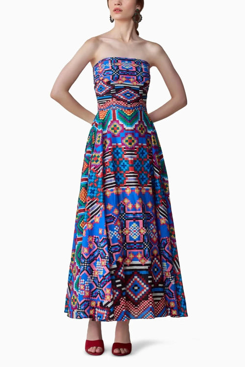 Frenchy Ikat Print Strapless Flared Dress with Pleated Bustier