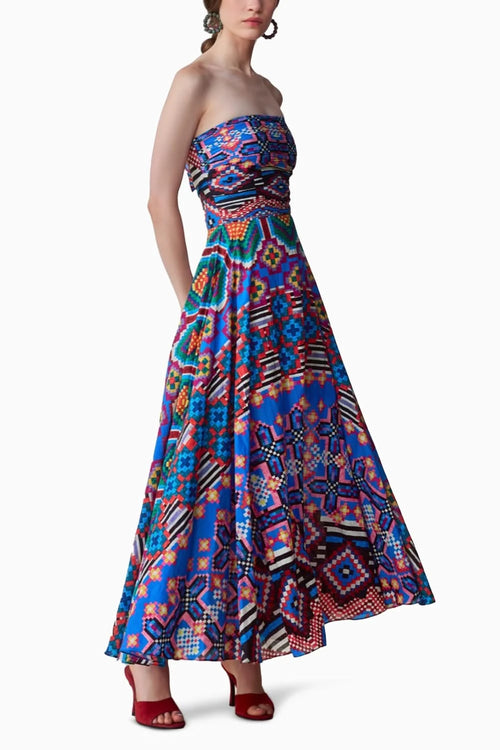 Frenchy Ikat Print Strapless Flared Dress with Pleated Bustier