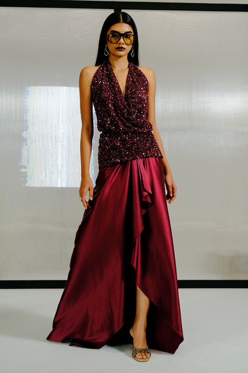 Plum Halter Top with Satin Cascade Bridesmaid Skirt