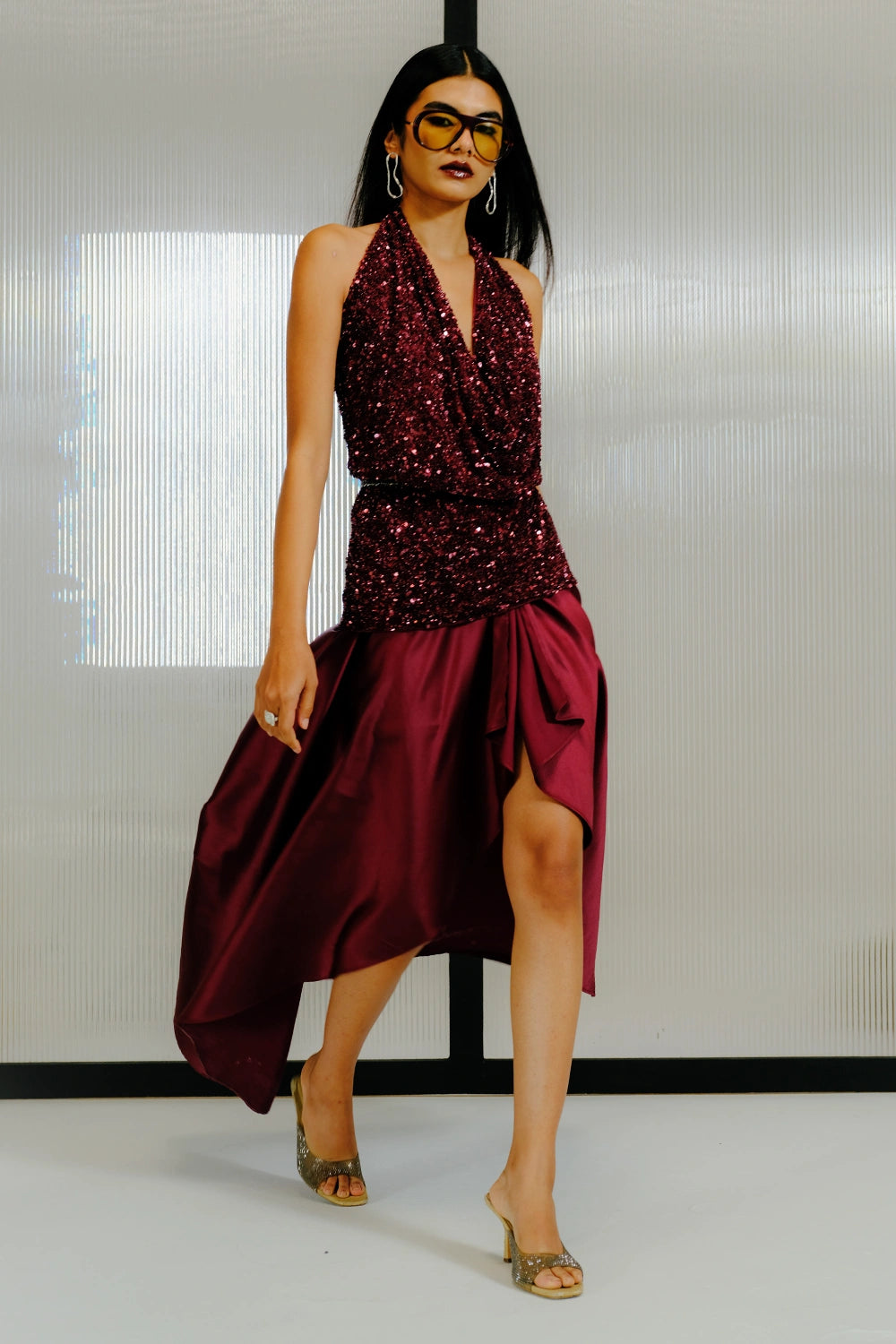 Plum Halter Top with Satin Cascade Bridesmaid Skirt