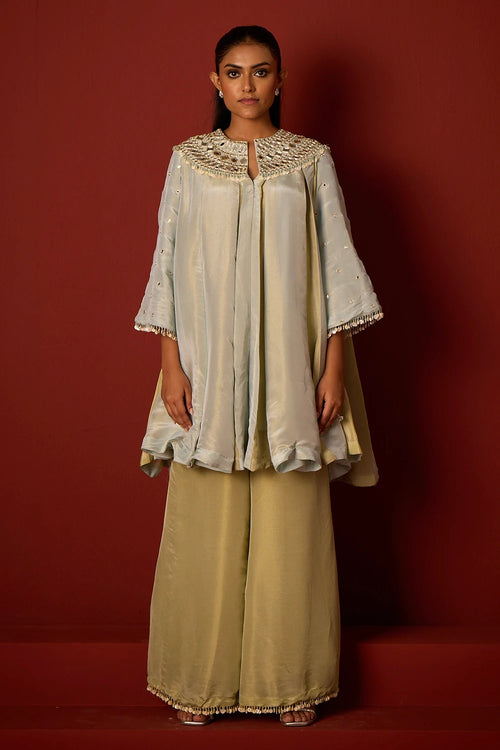 Sky Blue and Sage Green Tissue Mirrorwork Panelled Tunic Set