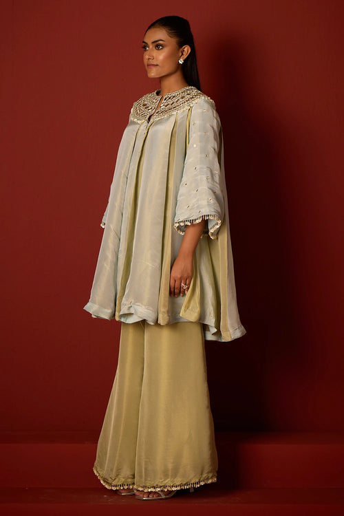 Sky Blue and Sage Green Tissue Mirrorwork Panelled Tunic Set
