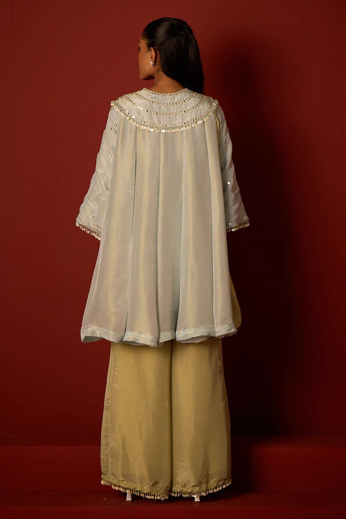 Sky Blue and Sage Green Tissue Mirrorwork Panelled Tunic Set