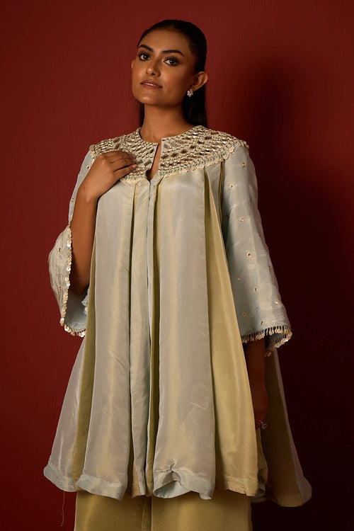 Sky Blue and Sage Green Tissue Mirrorwork Panelled Tunic