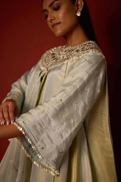 Sky Blue and Sage Green Tissue Mirrorwork Panelled Tunic Set