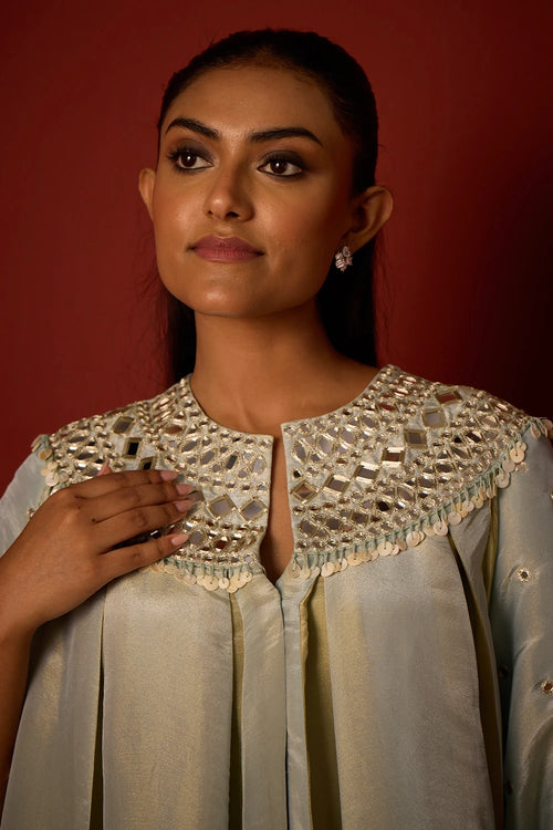 Sky Blue and Sage Green Tissue Mirrorwork Panelled Tunic