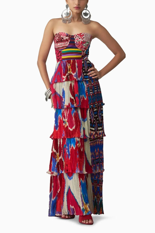 Helena Abstract Print Tiered Cocktail Dress with Pleat Detailing
