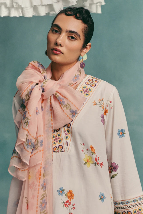 Ecru Daisy V-neck Short Kurta Set With Dupatta