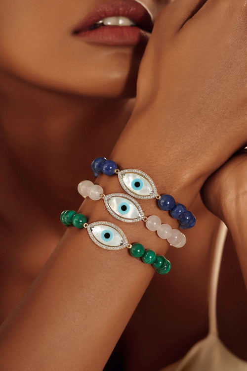 Gold Medium Marquise Evil Eye Diamond Bracelet with Lapis Beads