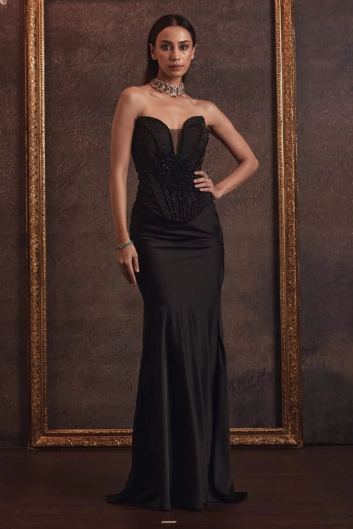Black Corset Embellished Top With Satin Skirt