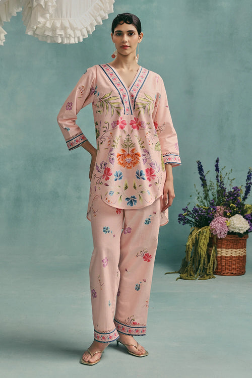 Pink Rose V-neck Short Kurta Set