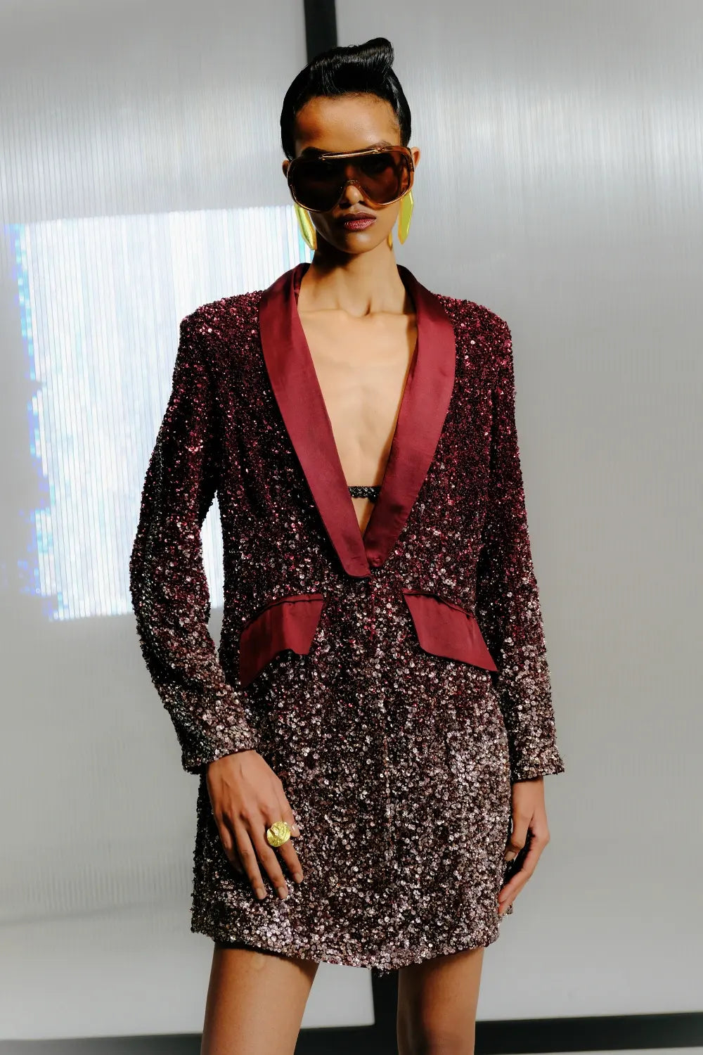 Plum and Rose Gold Blazer Sequins Dress with Satin Pants
