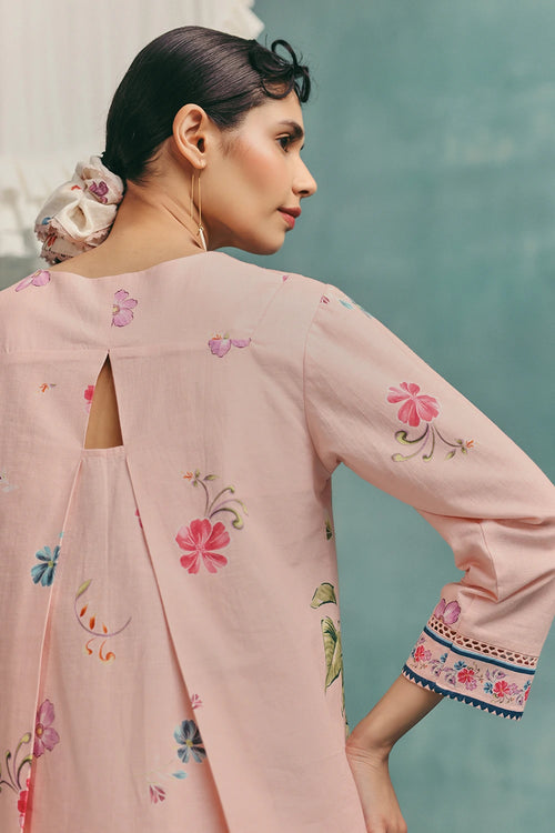Pink Rose V-neck Short Kurta Set With Dupatta