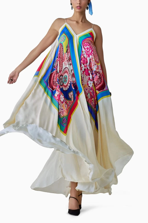 Yazmine Paisley Print V-Neck Asymmetric Dress with Detachable Belt