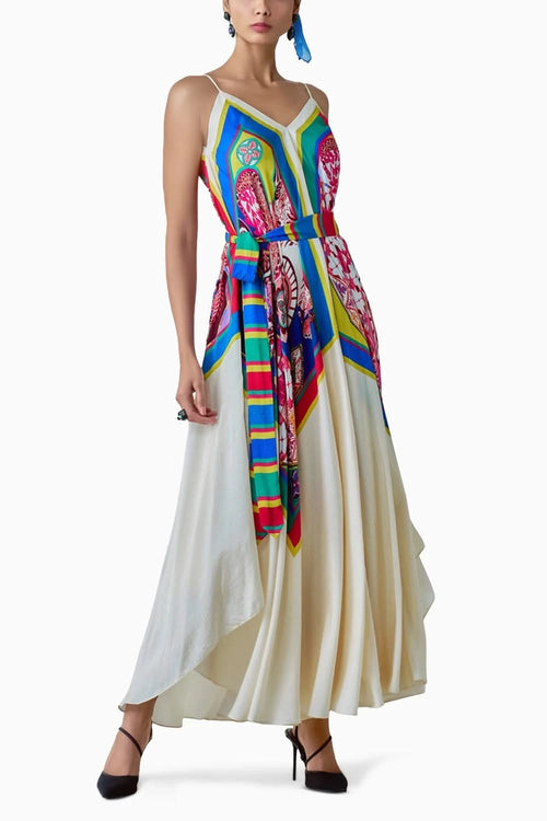 Yazmine Paisley Print V-Neck Asymmetric Dress with Detachable Belt
