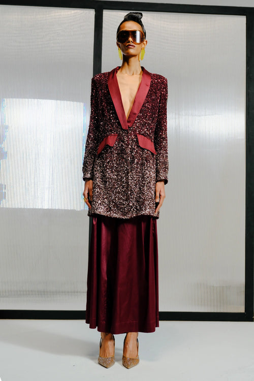 Plum and Rose Gold Blazer Sequins Dress with Satin Pants