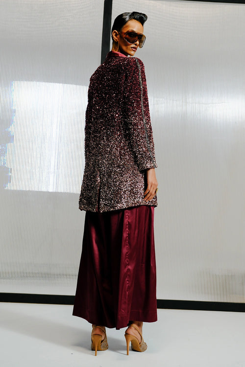 Plum and Rose Gold Blazer Sequins Dress with Satin Pants