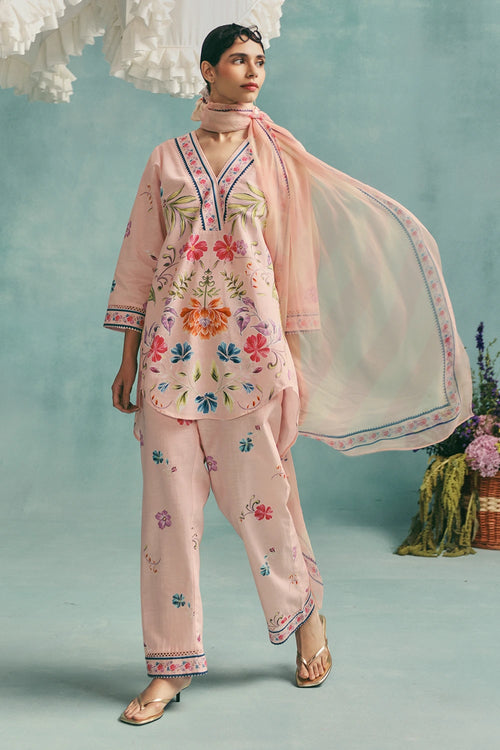 Pink Rose V-neck Short Kurta Set With Dupatta