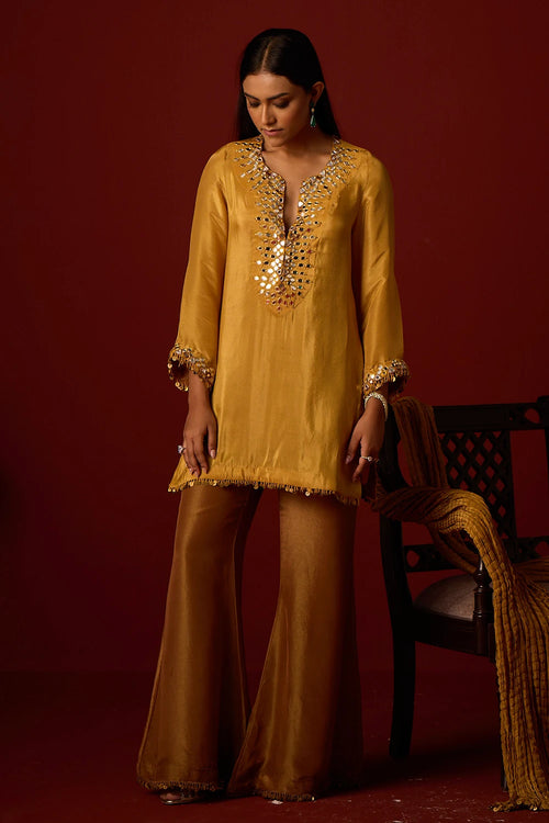 Golden Yellow Tissue Mirrorwork Tunic Set With Dupatta