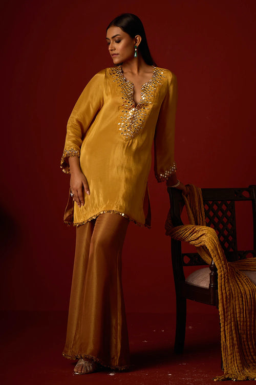 Golden Yellow Tissue Mirrorwork Tunic Set With Dupatta