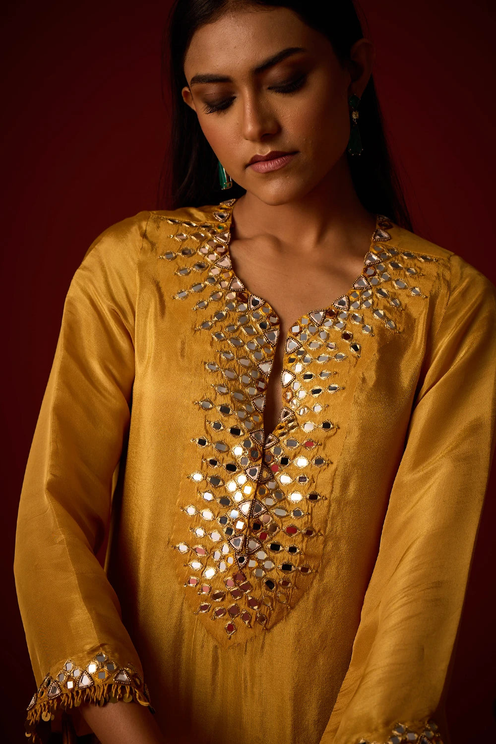 Golden Yellow Tissue Mirrorwork Tunic Set With Dupatta