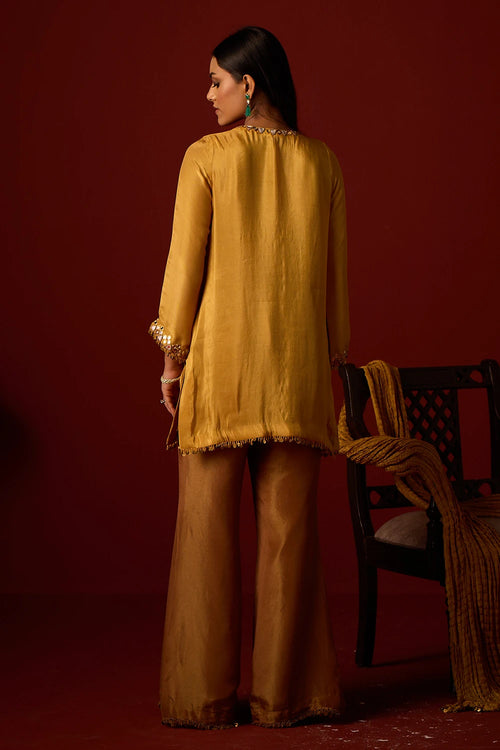 Golden Yellow Tissue Mirrorwork Tunic Set With Dupatta