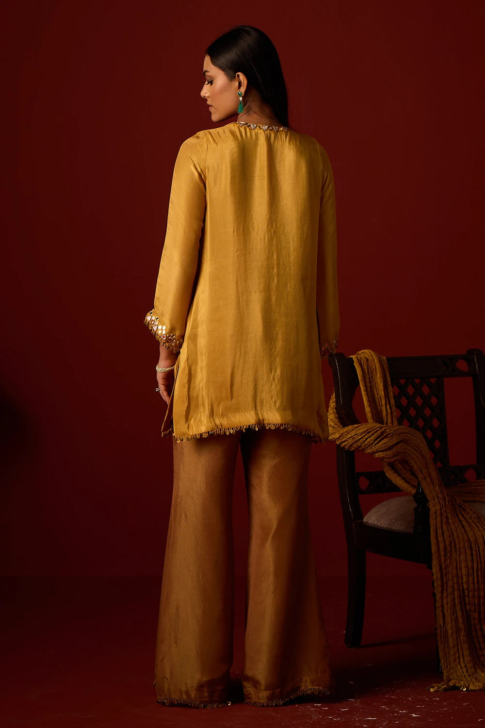 Golden Yellow Tissue Mirrorwork Tunic Set With Dupatta