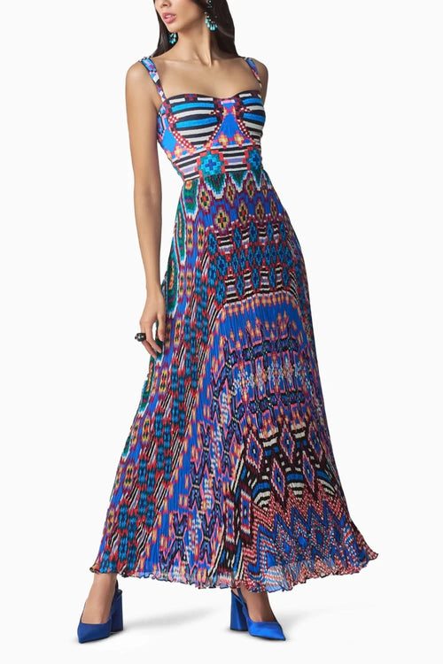 Nala Ikat Print Pleated Maxi Dress with Satin Bustier