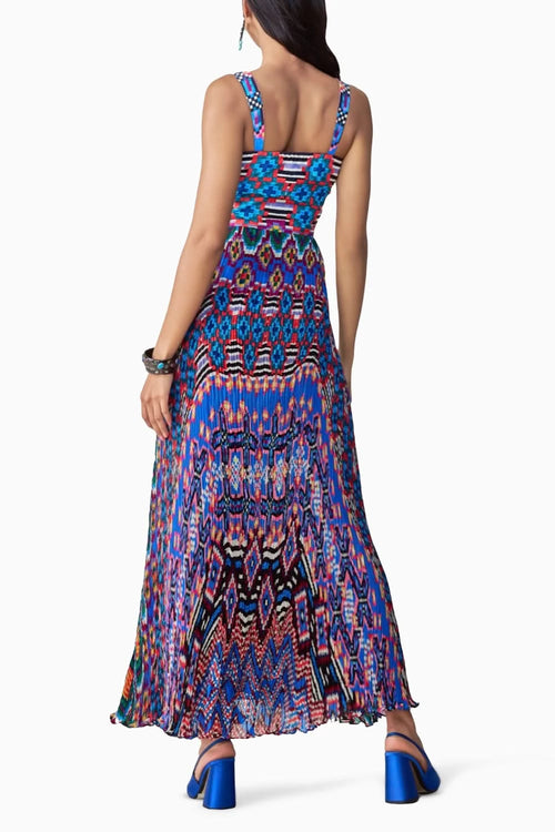 Nala Ikat Print Pleated Maxi Dress with Satin Bustier