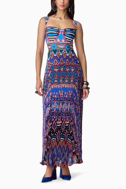 Nala Ikat Print Pleated Maxi Dress with Satin Bustier