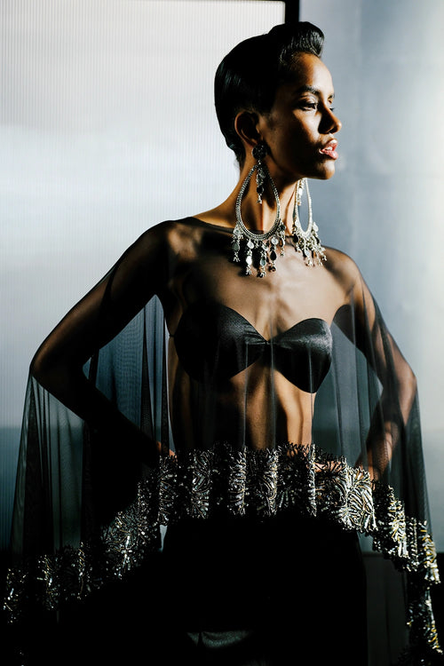 Black-Silver Bugle Bead & Sequin Chain Cape