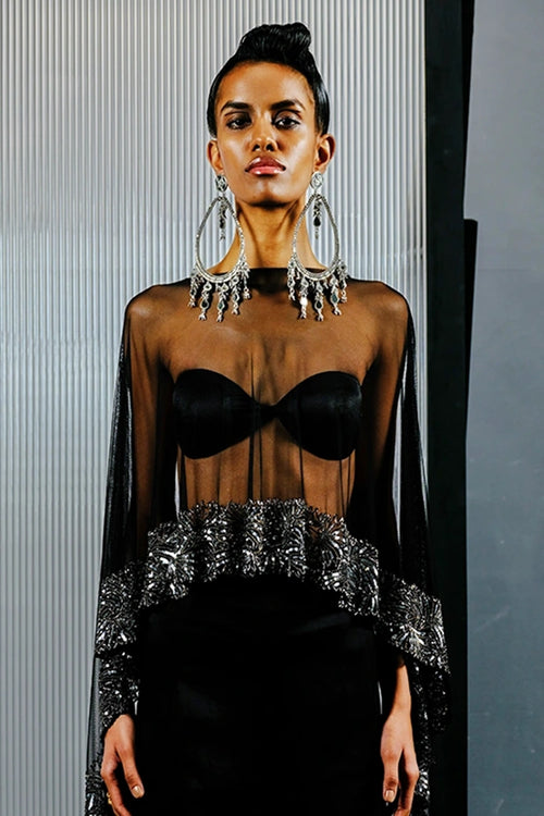 Black-Silver Bugle Bead & Sequin Chain Cape