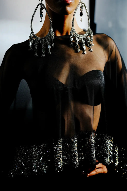 Black-Silver Bugle Bead & Sequin Chain Cape