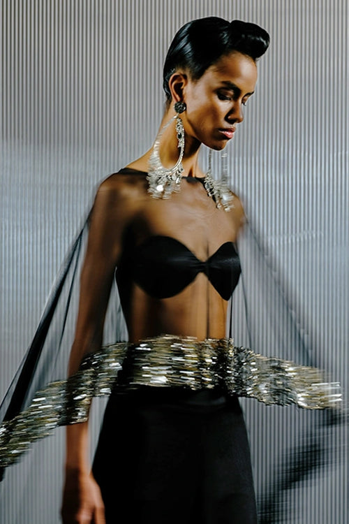 Black-Silver Bugle Bead & Sequin Chain Cape