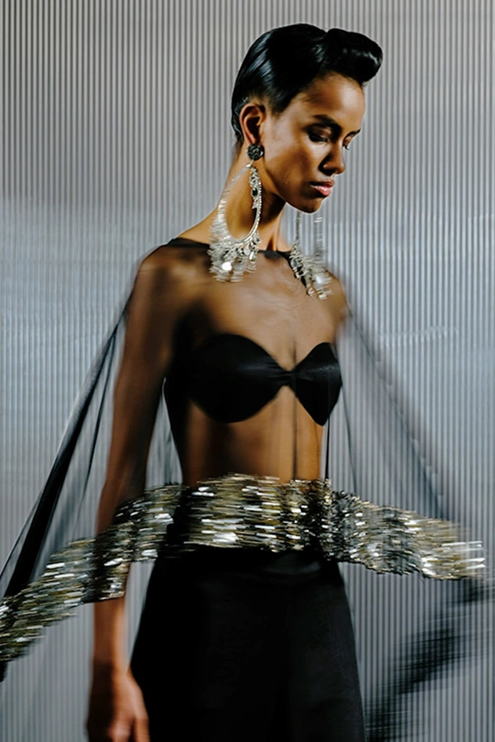 Black-Silver Bugle Bead & Sequin Chain Cape