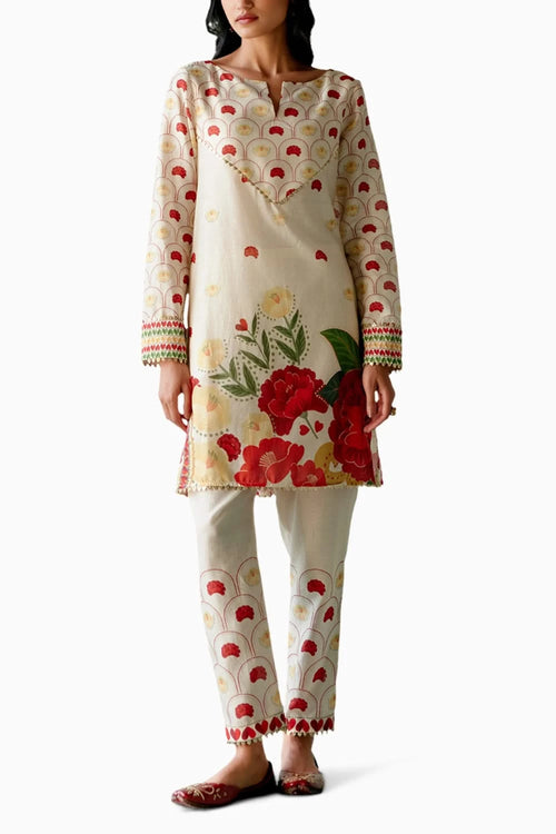 Ecru and Red Rose Kurta Set